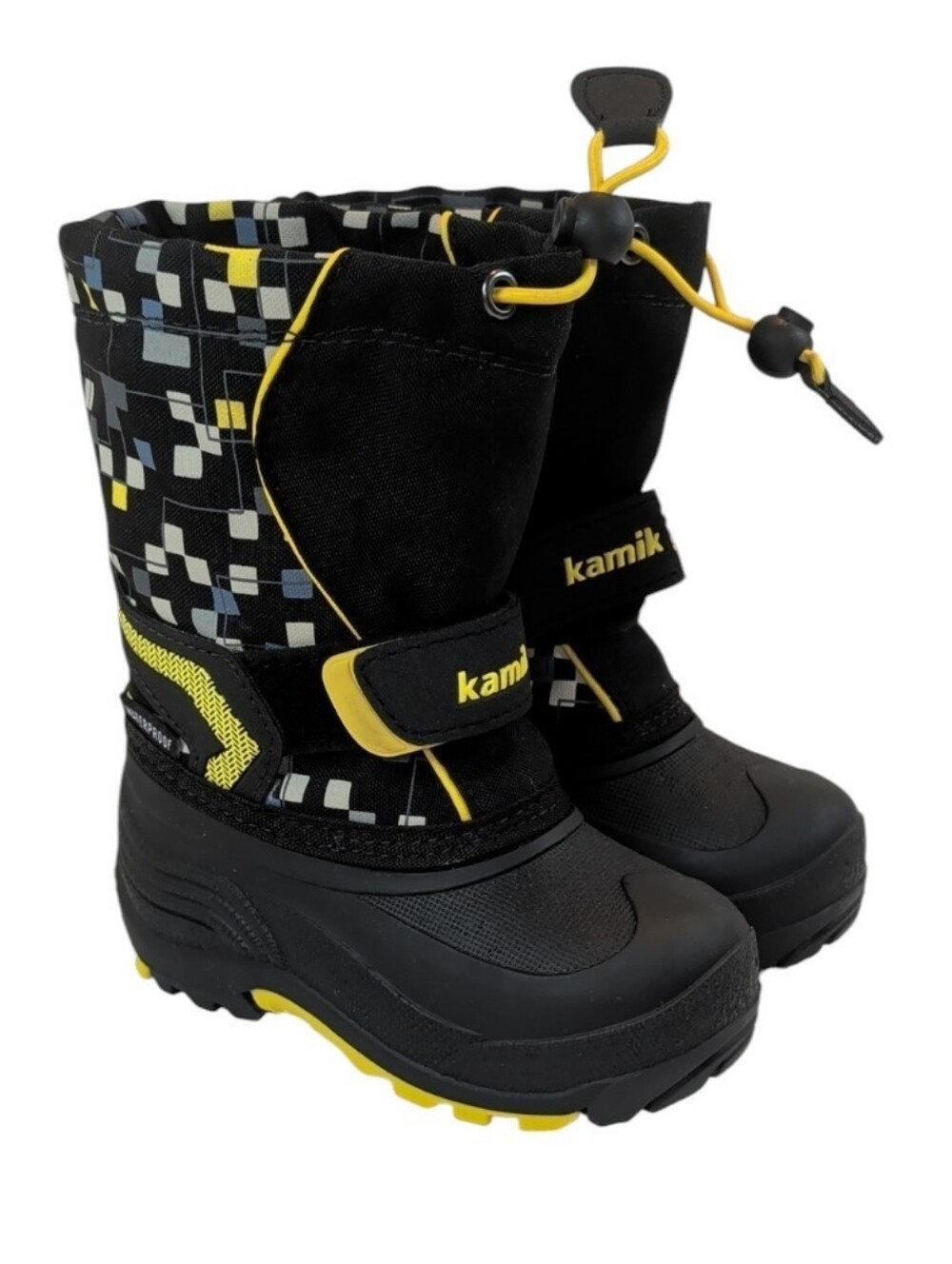 Kamik Black and Yellow Kids Waterproof Winter Boots with Geometric Print Size 8
